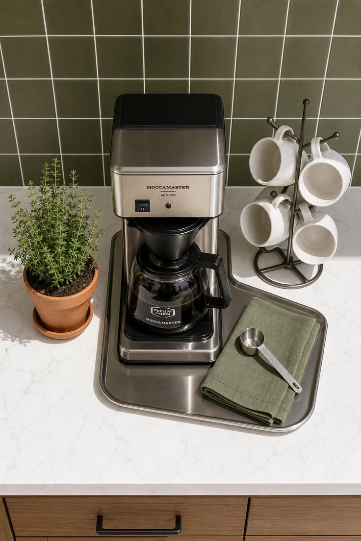 Overhead view of kitchen coffee station with matte olive green tile backsplash, stainless steel drip coffee maker on steel tray, wire mug tree, and terra cotta herb pot on white quartz counter in bright midday light.