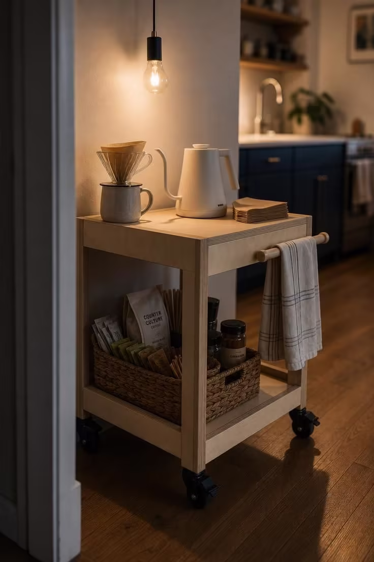 Rolling birch plywood coffee cart with pour-over dripper, matte white electric kettle, woven basket caddy on lower shelf, and cotton towel bar, photographed from a doorway in moody low evening light.