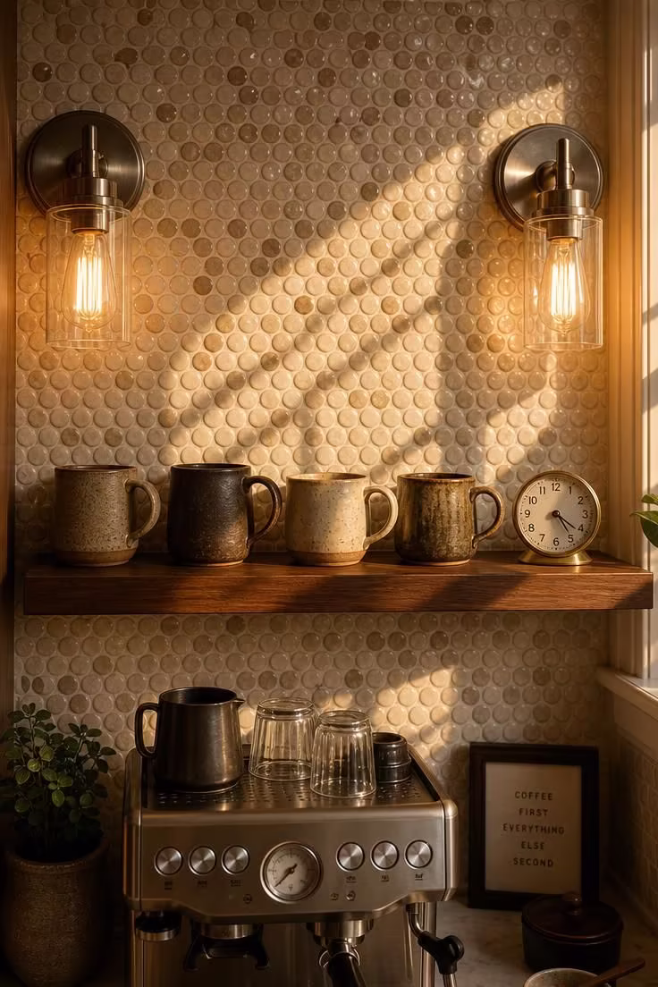 Penny round porcelain mosaic backsplash in cream and taupe with brushed nickel wall sconces, floating walnut shelf holding stoneware mugs and brass clock, in warm golden afternoon light.