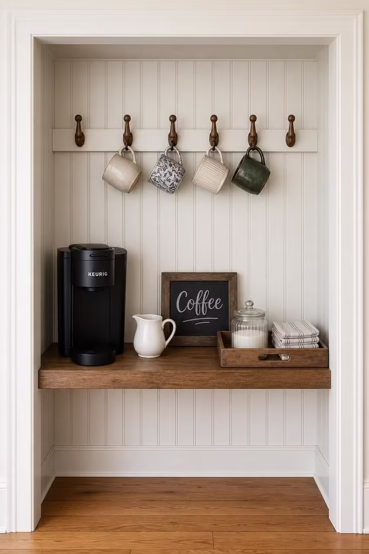Recessed kitchen alcove lined in white beadboard with turned wood mug hooks, matte black coffee maker, ceramic creamer pitcher, and wooden tray on a counter shelf in cool overcast morning light.