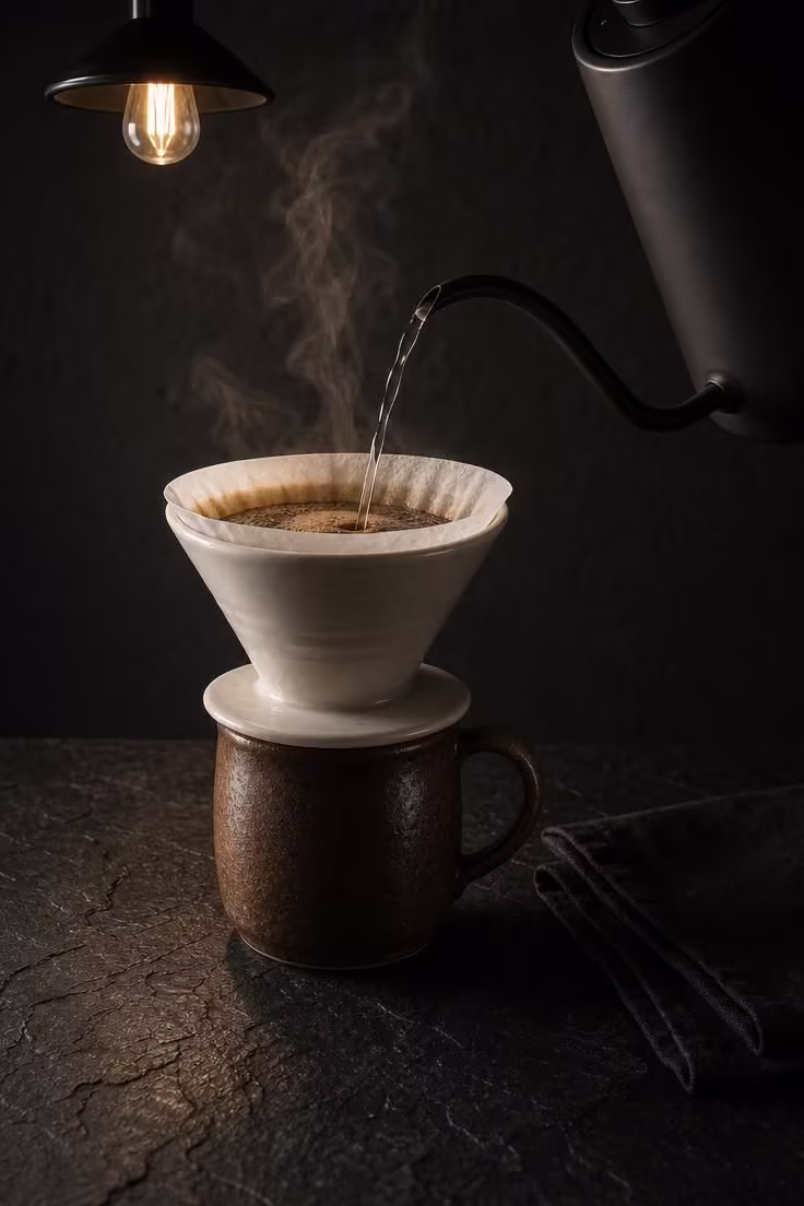 Close-up of pour-over coffee cone brewing on a handmade stoneware mug atop black slate countertop with matte black gooseneck kettle and steam rising in moody low light.