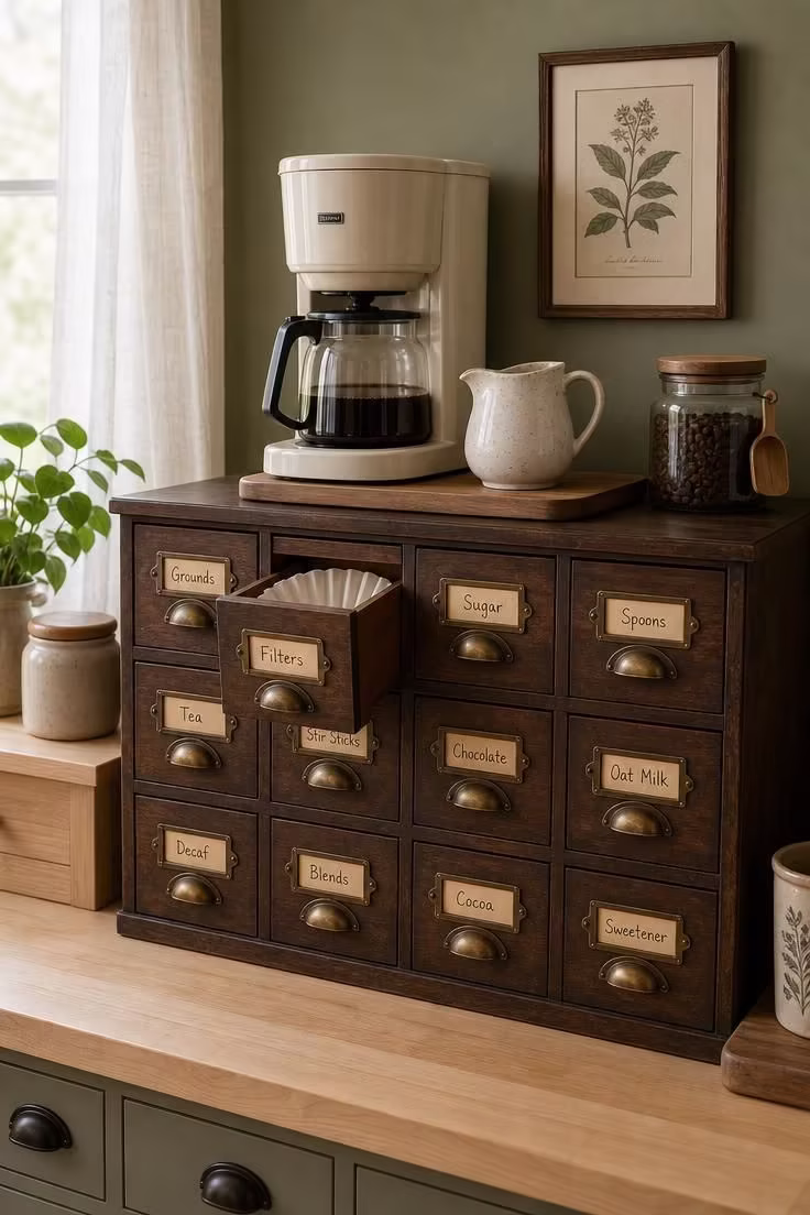 Vintage apothecary cabinet with labeled brass drawer pulls repurposed as coffee station, cream drip coffee maker and ceramic creamer on top, one drawer open showing filters, in soft diffused morning light.