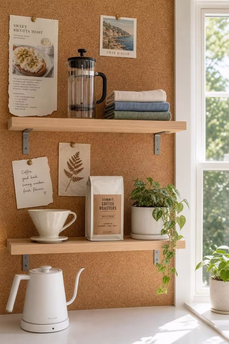 Open kitchen shelves with cork sheet backing displaying a French press, folded linen towels, pinned postcards, potted trailing plant, and pour-over dripper in bright midday light.