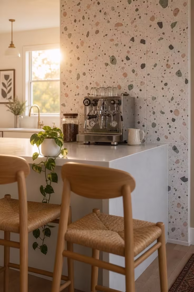 Kitchen peninsula end-cap coffee station with terrazzo tile accent wall in blush and sage tones, chrome espresso machine, glass canister, and oak bar stools in warm golden afternoon light.