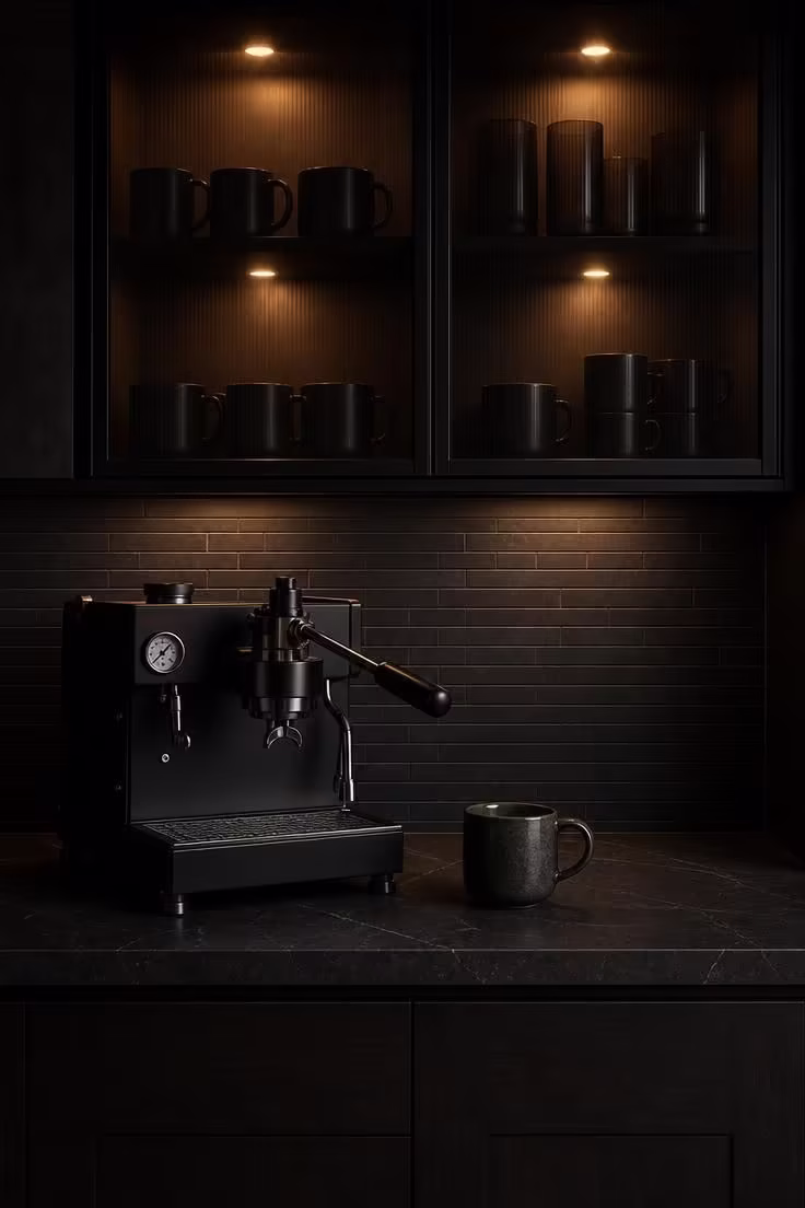 Smoked glass upper cabinets with LED puck lights illuminating silhouettes of mug storage above dark soapstone countertop with matte black espresso machine in moody low ambient light.