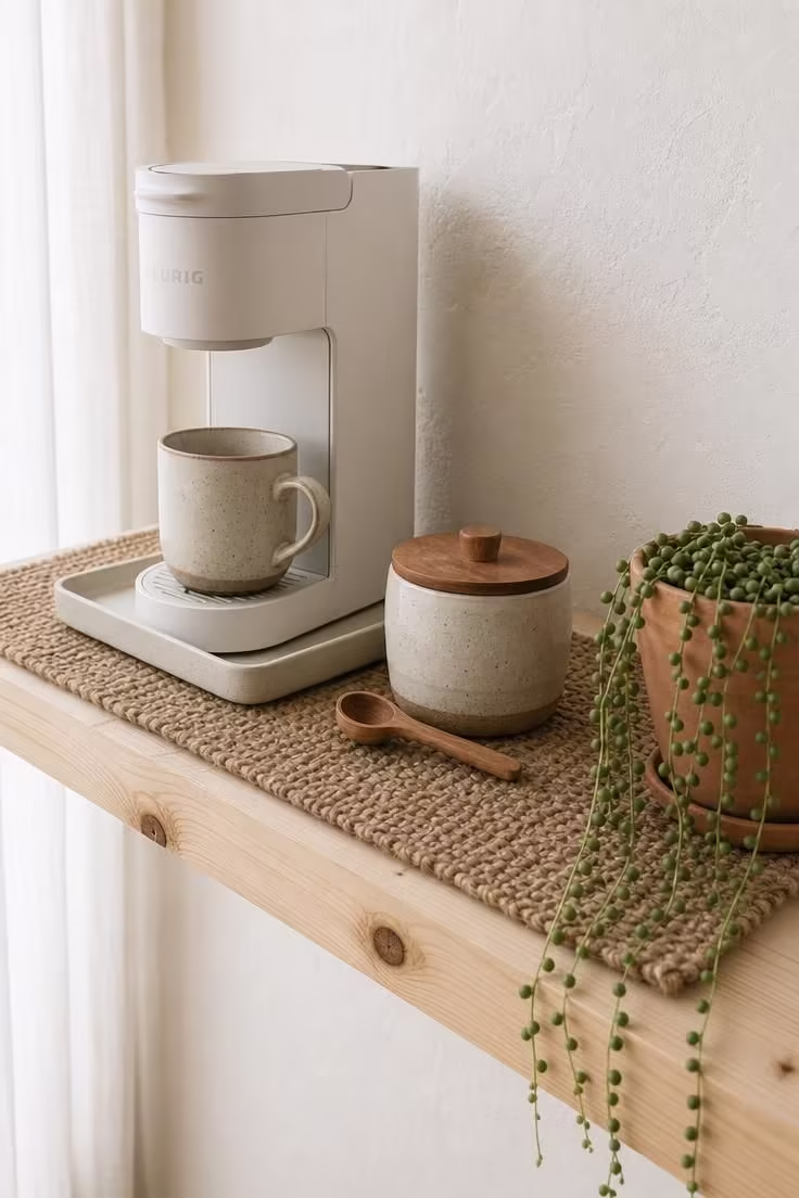 Coffee station on raw pine floating shelf with woven jute placemat, ceramic drip tray, matte white coffee maker, stoneware sugar bowl, and trailing plant in terra cotta pot in soft diffused light.