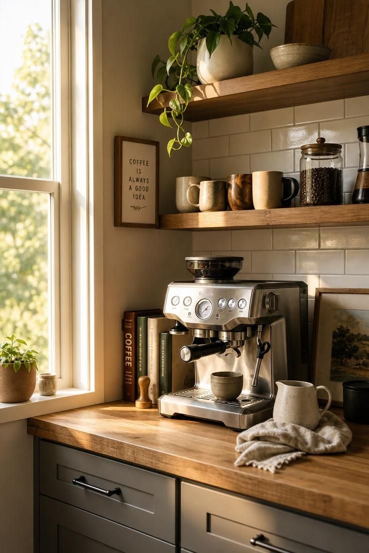 Simple Spaces 14 Cozy kitchen coffee bar with butcher block countertop, polished espresso machine, floating wood shelves with ceramic mugs and trailing plant, white subway tile backsplash in warm golden morning light.