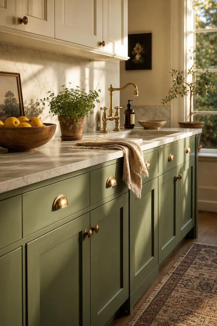 13 Fresh Kitchen Color Palette Ideas to Try This Year 1 Sage green lower cabinets with creamy white uppers and aged brass pulls in a warm kitchen.