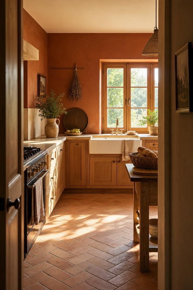 13 Fresh Kitchen Color Palette Ideas to Try This Year 3 Terracotta walls over natural oak cabinets with an unglazed tile floor in a warm kitchen.