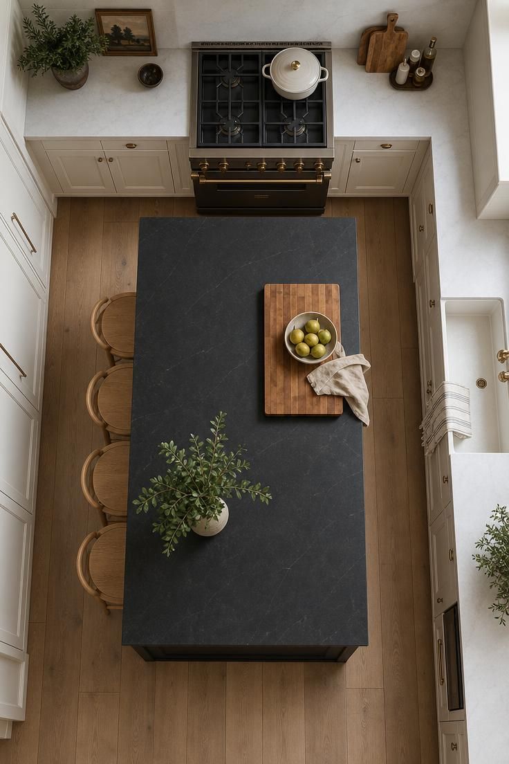 13 Fresh Kitchen Color Palette Ideas to Try This Year 4 Charcoal island surrounded by soft alabaster perimeter cabinets seen from above.