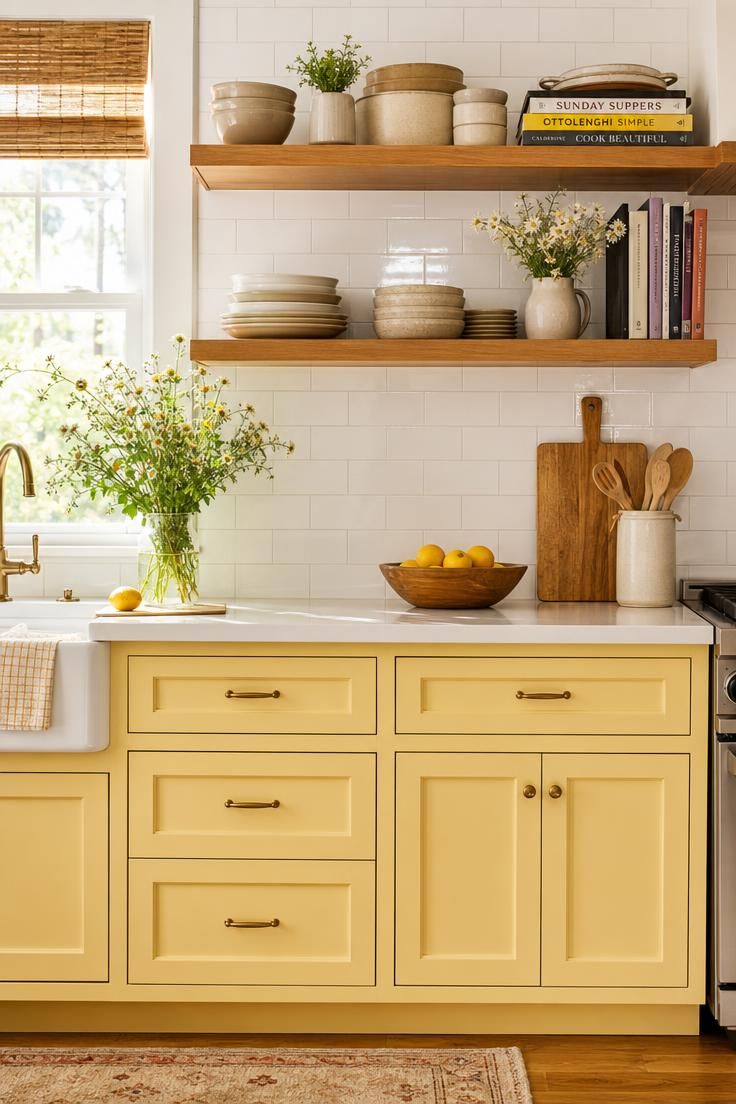 13 Fresh Kitchen Color Palette Ideas to Try This Year 5 Butter yellow cabinets with white subway tile and wood open shelving in a bright kitchen.
