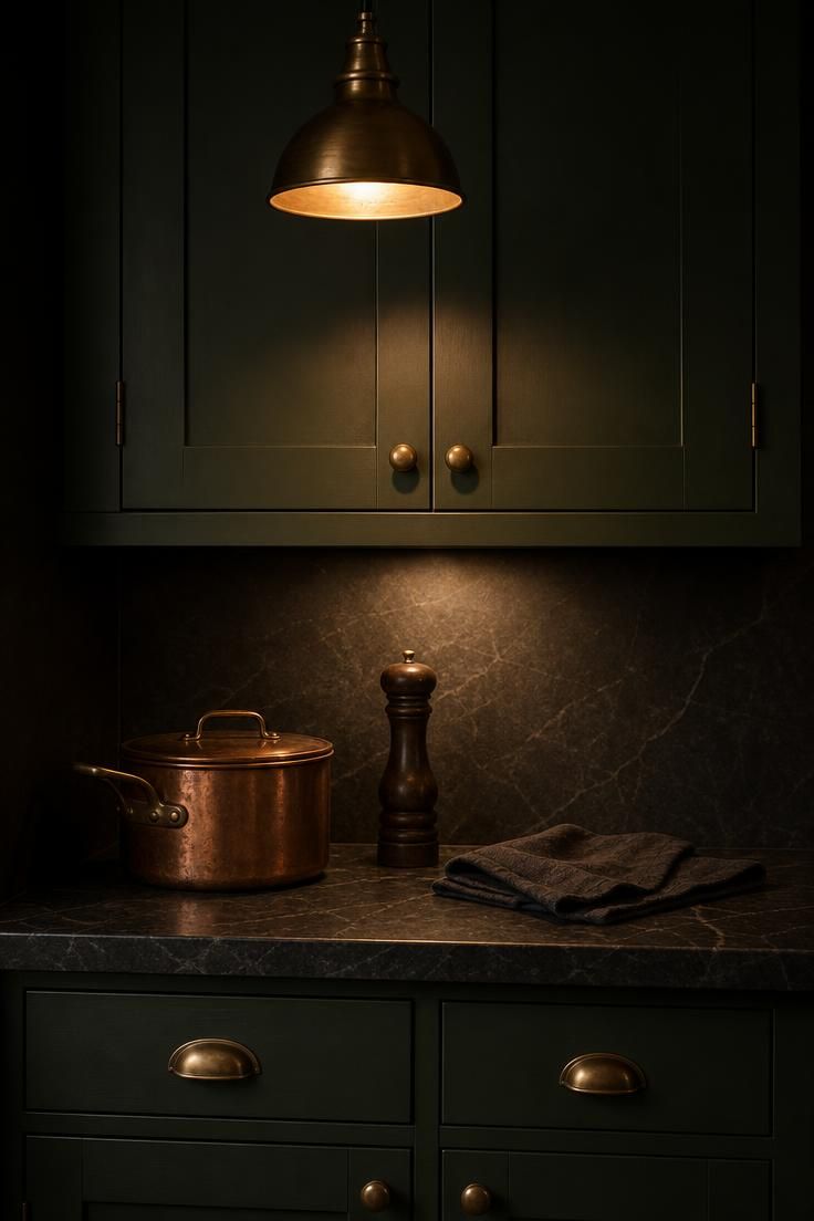 13 Fresh Kitchen Color Palette Ideas to Try This Year 6 Deep forest green cabinets under warm brass pendant lighting in a moody kitchen.