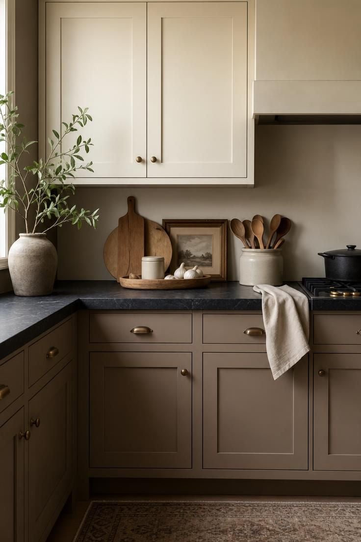 13 Fresh Kitchen Color Palette Ideas to Try This Year 7 Two-tone mushroom and cream cabinets over honed soapstone counters in a soft kitchen.