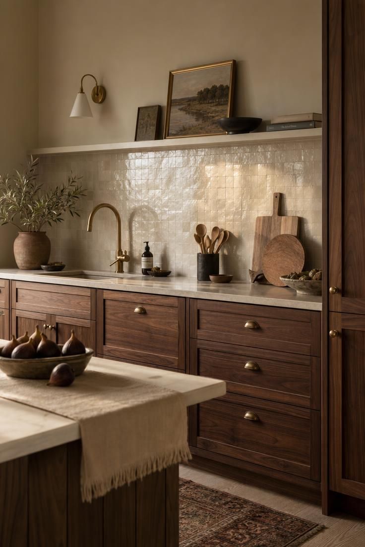 13 Fresh Kitchen Color Palette Ideas to Try This Year 10 Warm greige walls with walnut cabinetry and a cream zellige backsplash in a refined kitchen.