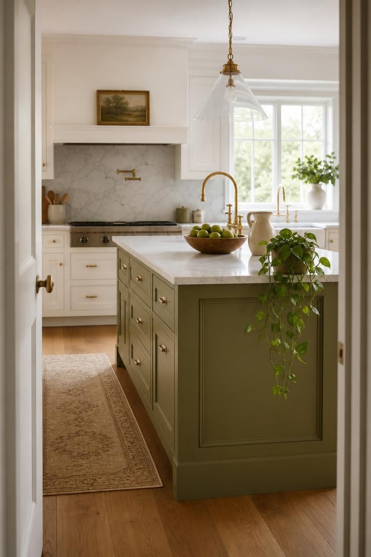 13 Fresh Kitchen Color Palette Ideas to Try This Year 11 Olive green island surrounded by soft white cabinets with brass faucets in an airy kitchen.