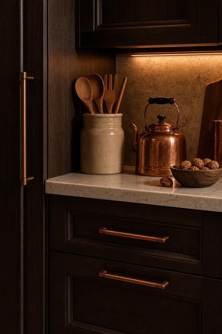 13 Fresh Kitchen Color Palette Ideas to Try This Year 12 Espresso cabinets with cream counters and copper accents in a warm, moody kitchen.