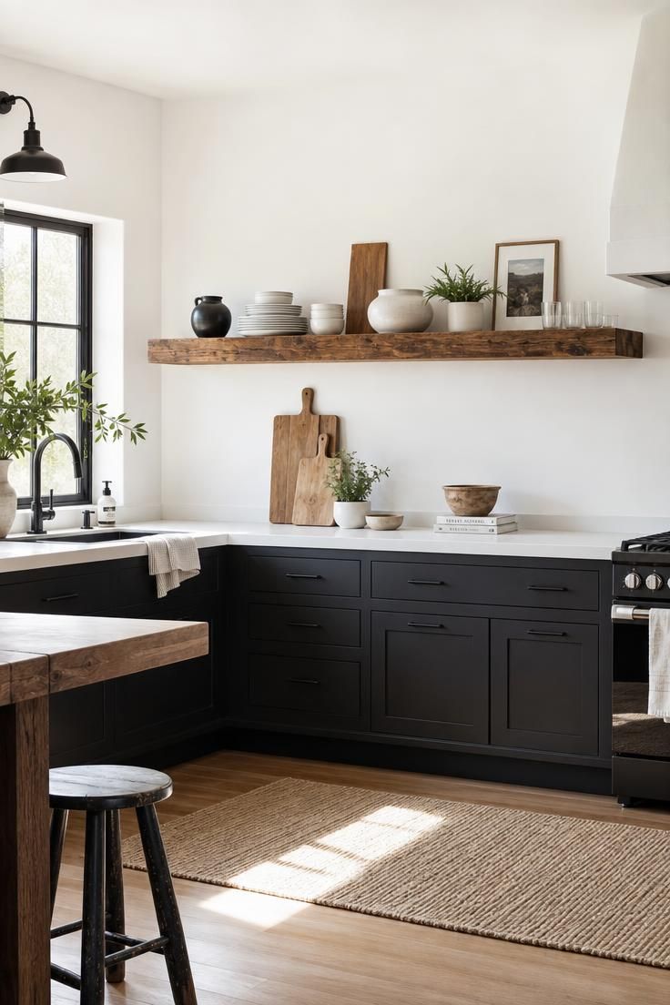 13 Fresh Kitchen Color Palette Ideas to Try This Year 13 Crisp black and white kitchen warmed by a reclaimed wood shelf in bright light.