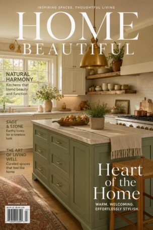 Cozy kitchen with creamy cabinets, a sage green island, brass hardware, and warm golden light.