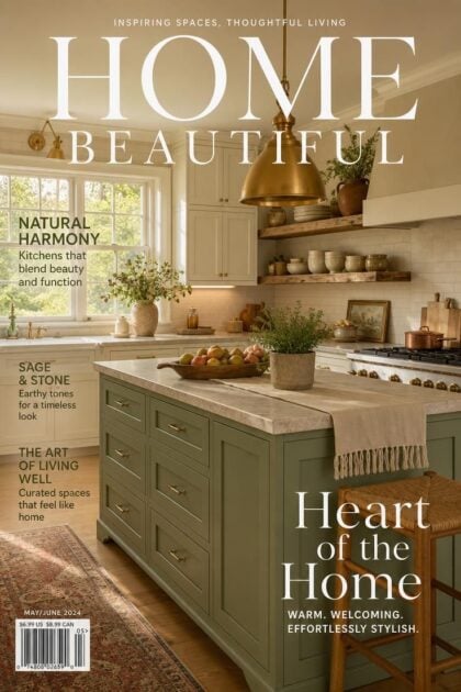 13 Fresh Kitchen Color Palette Ideas to Try This Year Cozy kitchen with creamy cabinets, a sage green island, brass hardware, and warm golden light.