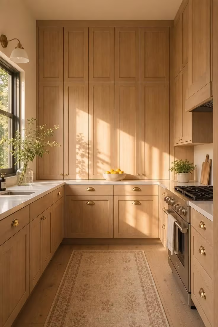 21 Smart Kitchen Ideas for Small Spaces That Feel Big 1 Floor-to-ceiling pale oak kitchen cabinets in a small kitchen lit by warm afternoon light.
