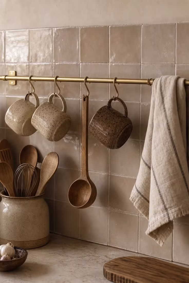 21 Smart Kitchen Ideas for Small Spaces That Feel Big 2 A brass utensil rail with hanging enamel mugs and ladles above a taupe tile backsplash.