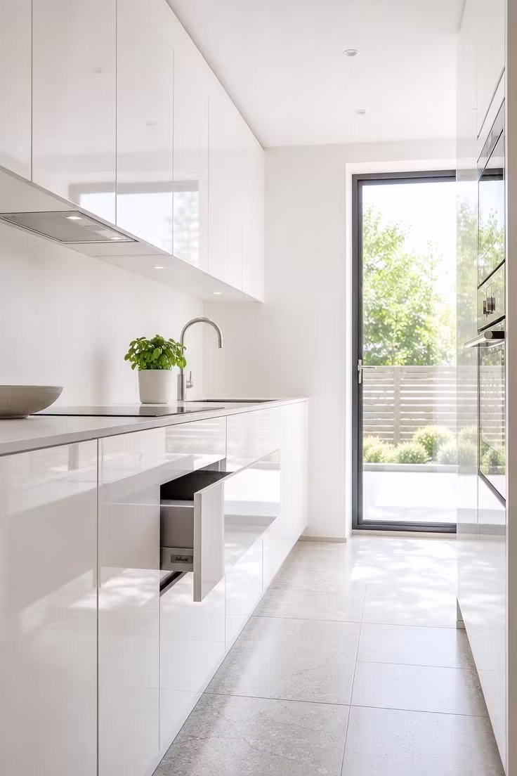 21 Smart Kitchen Ideas for Small Spaces That Feel Big 3 Handleless high-gloss white kitchen cabinets in a small kitchen under bright midday light.