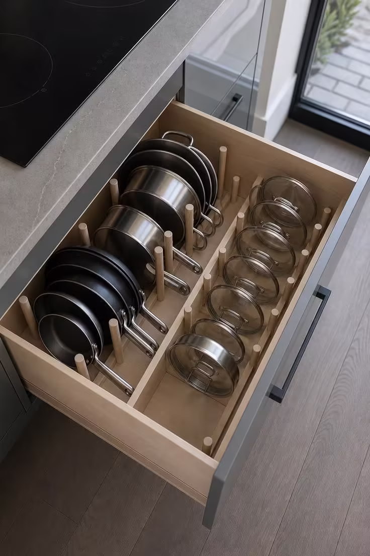 21 Smart Kitchen Ideas for Small Spaces That Feel Big 4 A deep pan drawer with wooden peg dividers holding pots below a cooktop, seen from above.