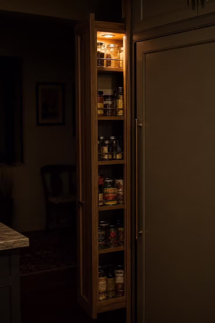 21 Smart Kitchen Ideas for Small Spaces That Feel Big 5 A narrow slide-out pull-out pantry beside a fridge, glowing with a warm interior light.
