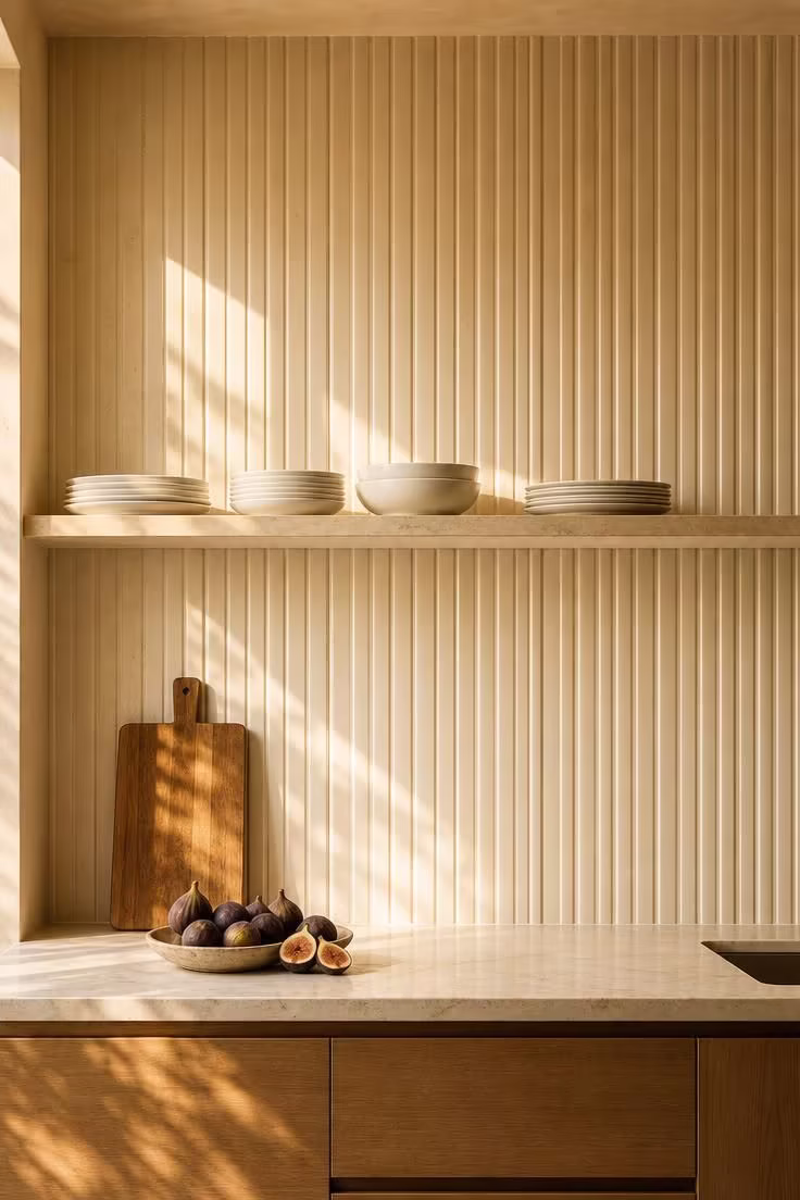 21 Smart Kitchen Ideas for Small Spaces That Feel Big 6 A fluted cream ceramic slab backsplash running to the ceiling in a small kitchen, lit warmly.