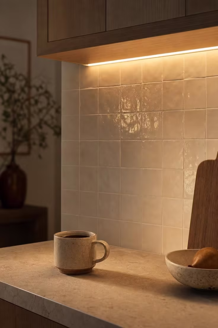 21 Smart Kitchen Ideas for Small Spaces That Feel Big 7 Warm under-cabinet lighting washing down a pale tile backsplash onto a counter.