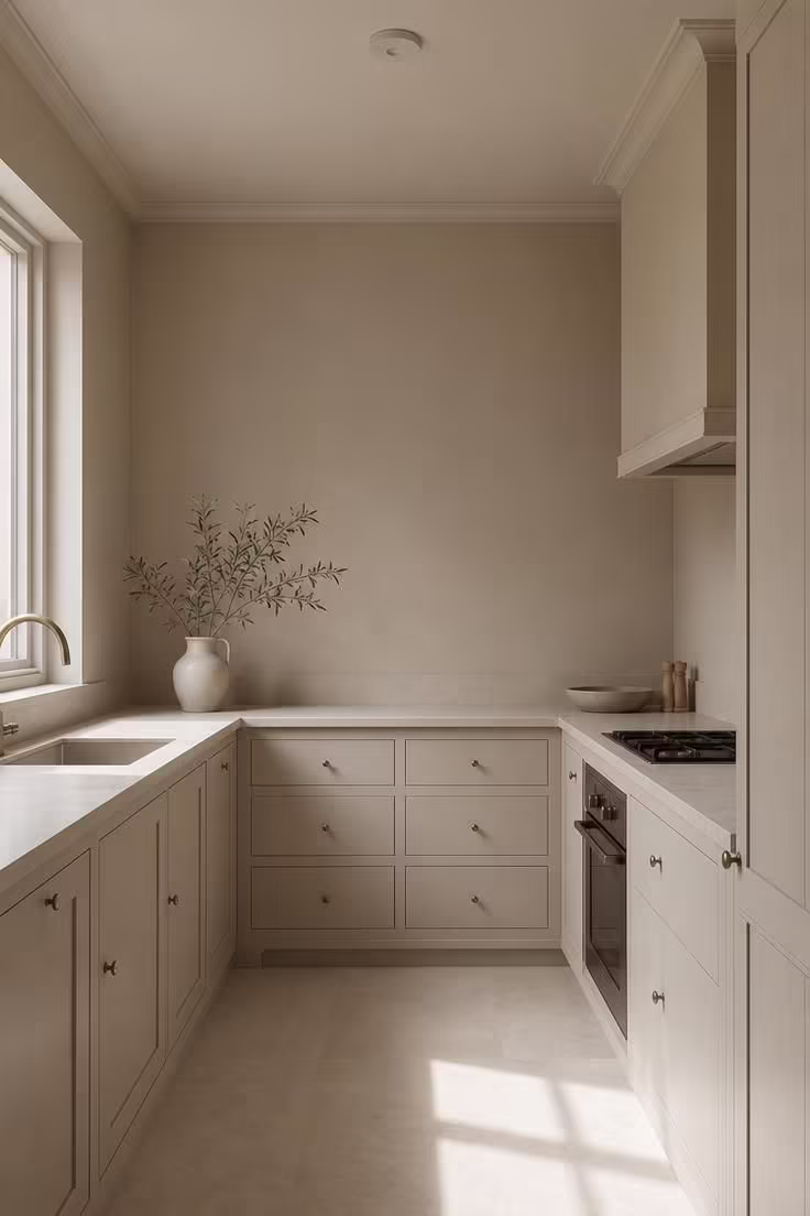 21 Smart Kitchen Ideas for Small Spaces That Feel Big 8 A small kitchen painted in a single greige tone across cabinets, walls, and trim.