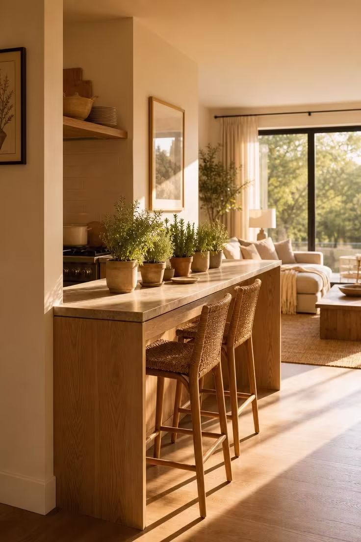 21 Smart Kitchen Ideas for Small Spaces That Feel Big 9 A slim oak kitchen peninsula with two rattan counter stools in warm afternoon light.
