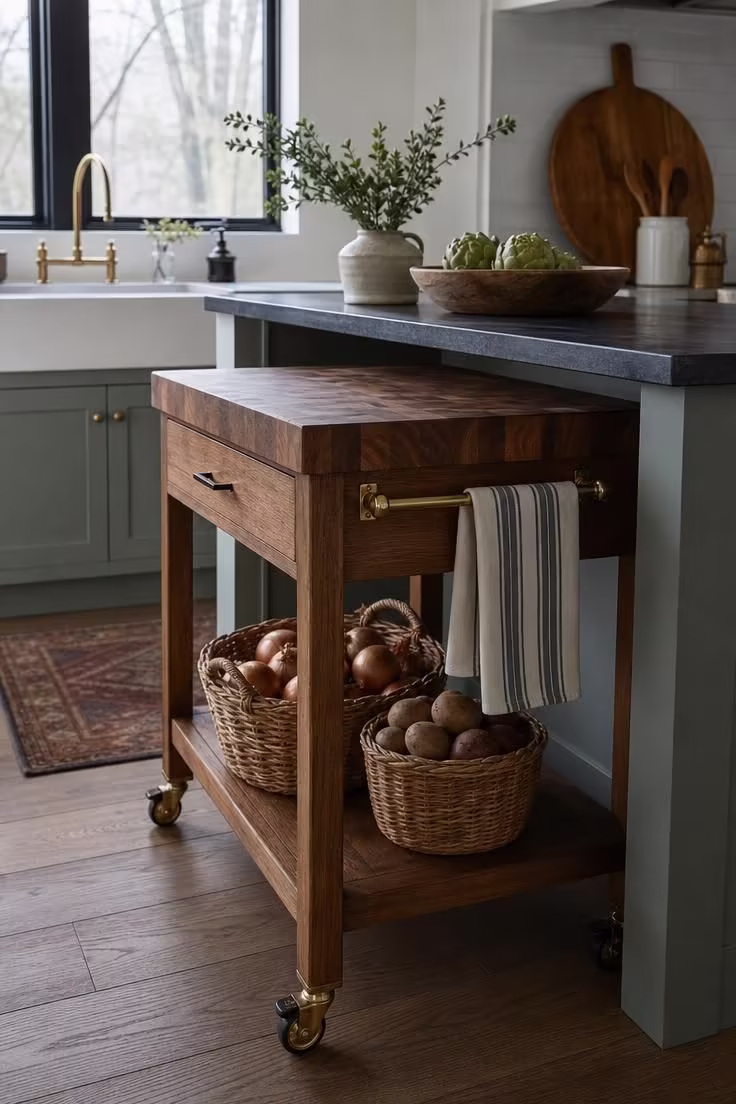 21 Smart Kitchen Ideas for Small Spaces That Feel Big 10 A rolling butcher-block cart with baskets on the lower shelf tucked under a counter.