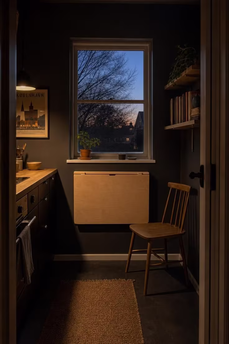 21 Smart Kitchen Ideas for Small Spaces That Feel Big 11 A fold-down birch wall table mounted under a window in a tiny kitchen at dusk.