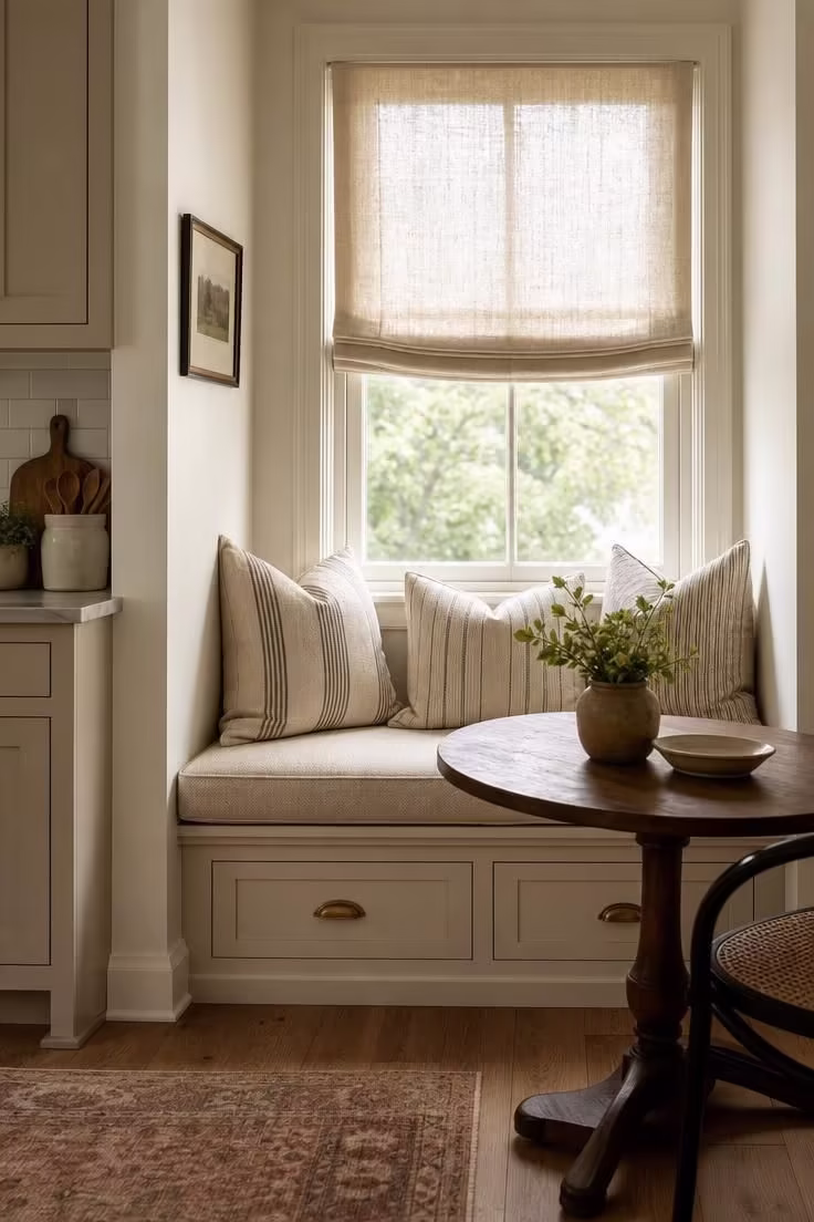 21 Smart Kitchen Ideas for Small Spaces That Feel Big 12 A window banquette with under-seat drawer storage and oatmeal linen cushions in a kitchen corner.