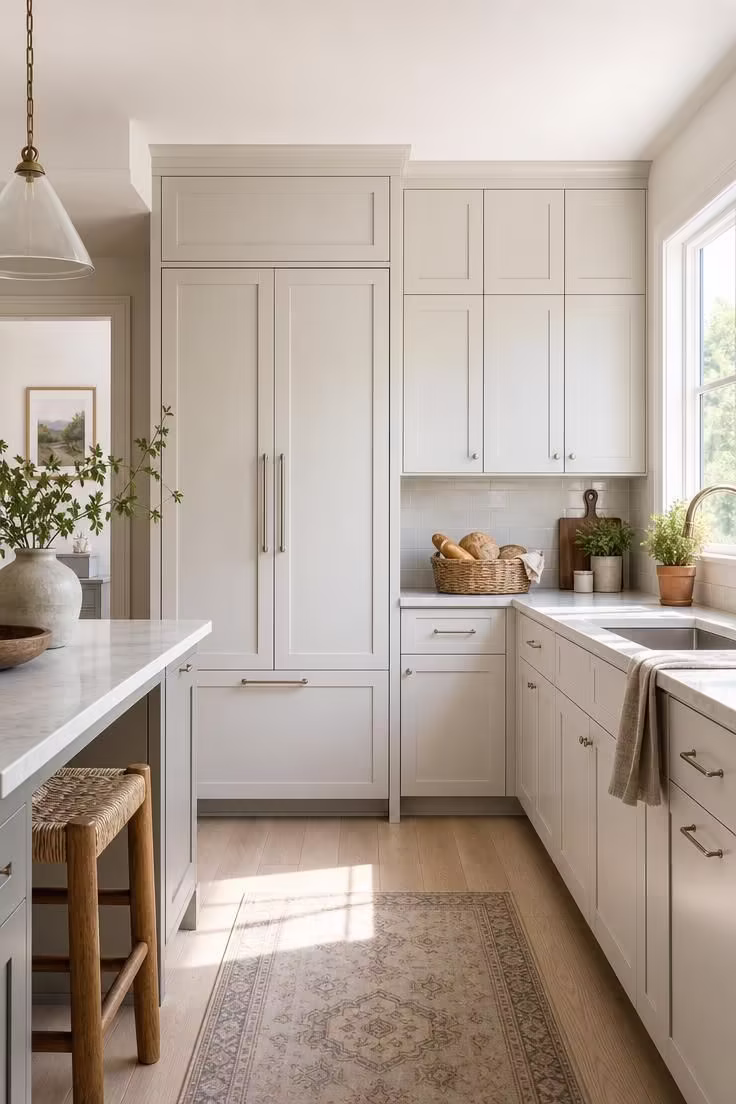 21 Smart Kitchen Ideas for Small Spaces That Feel Big 13 A panel-front fridge integrated into pale cabinetry in a small kitchen under midday light.