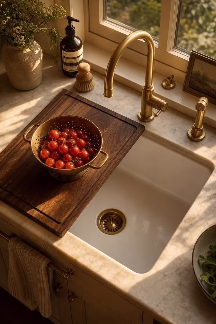 21 Smart Kitchen Ideas for Small Spaces That Feel Big 14 A single-bowl fireclay sink with a fitted walnut cutting board over the basin.