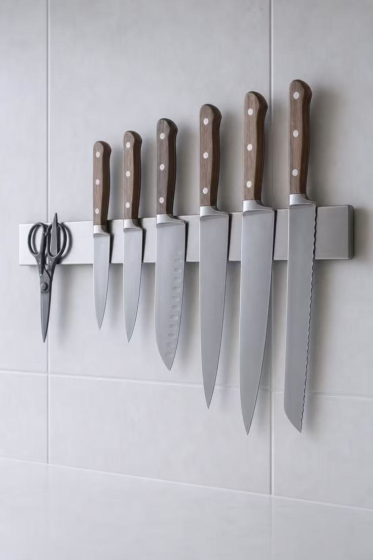 21 Smart Kitchen Ideas for Small Spaces That Feel Big 15 A magnetic steel knife strip holding wooden-handled knives on a pale tile wall.