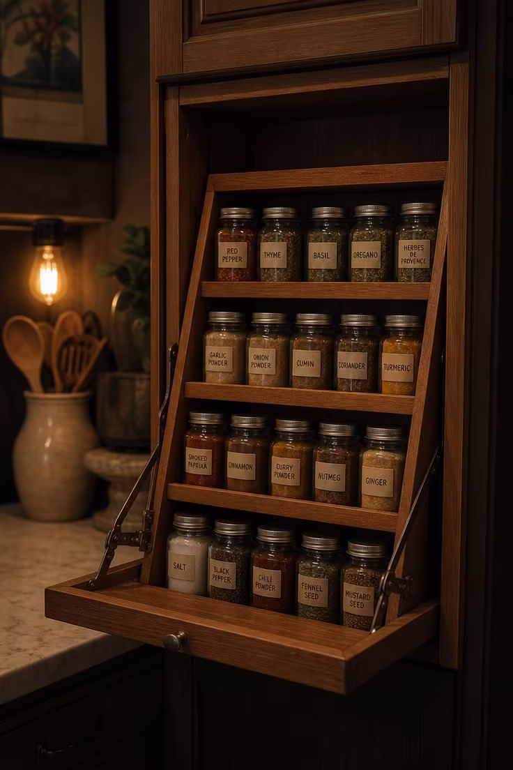 21 Smart Kitchen Ideas for Small Spaces That Feel Big 16 A pull-down spice shelf swung out from a narrow cabinet showing rows of labeled jars.