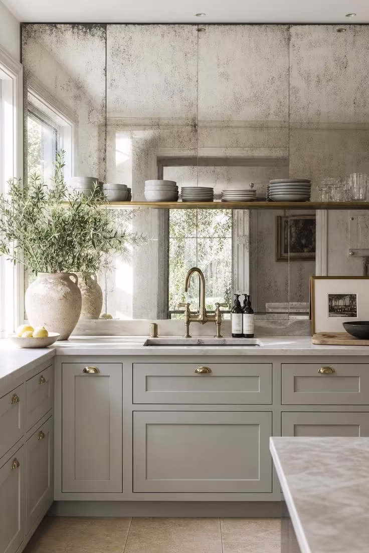 21 Smart Kitchen Ideas for Small Spaces That Feel Big 18 An antiqued mirrored splashback reflecting daylight across a small kitchen counter.