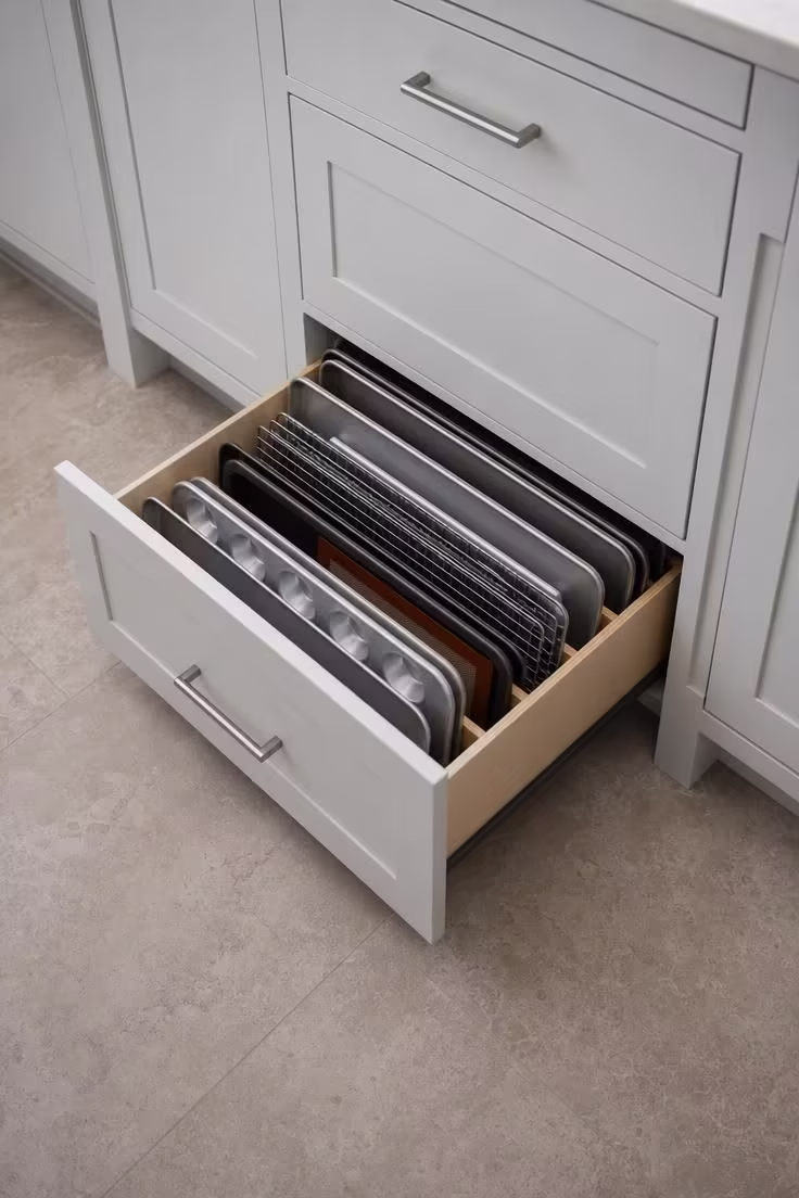 21 Smart Kitchen Ideas for Small Spaces That Feel Big 19 A hidden toe-kick drawer at the base of cabinets holding flat baking trays.