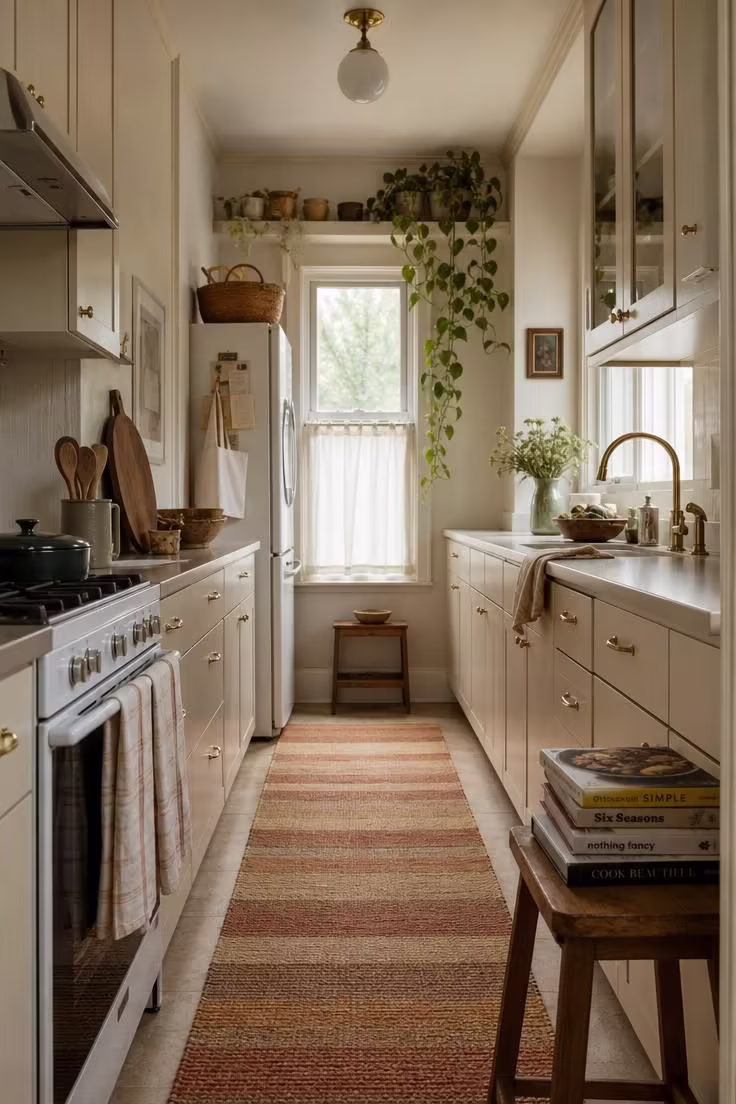 21 Smart Kitchen Ideas for Small Spaces That Feel Big 21 A woven striped runner down a narrow galley kitchen with a trailing pothos at the end.