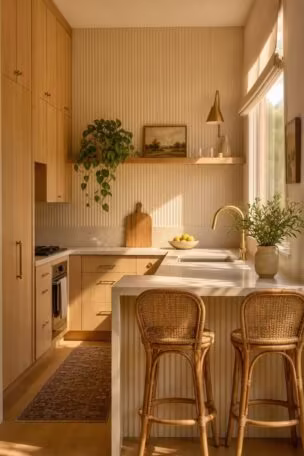 A cozy, sunlit small kitchen with floor-to-ceiling oak cabinets, a slim peninsula, and a fluted backsplash.