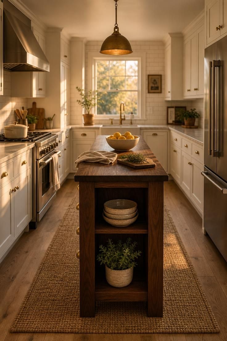 A narrow walnut kitchen island with brass drawer pulls centered in a galley kitchen, bathed in warm golden afternoon light.