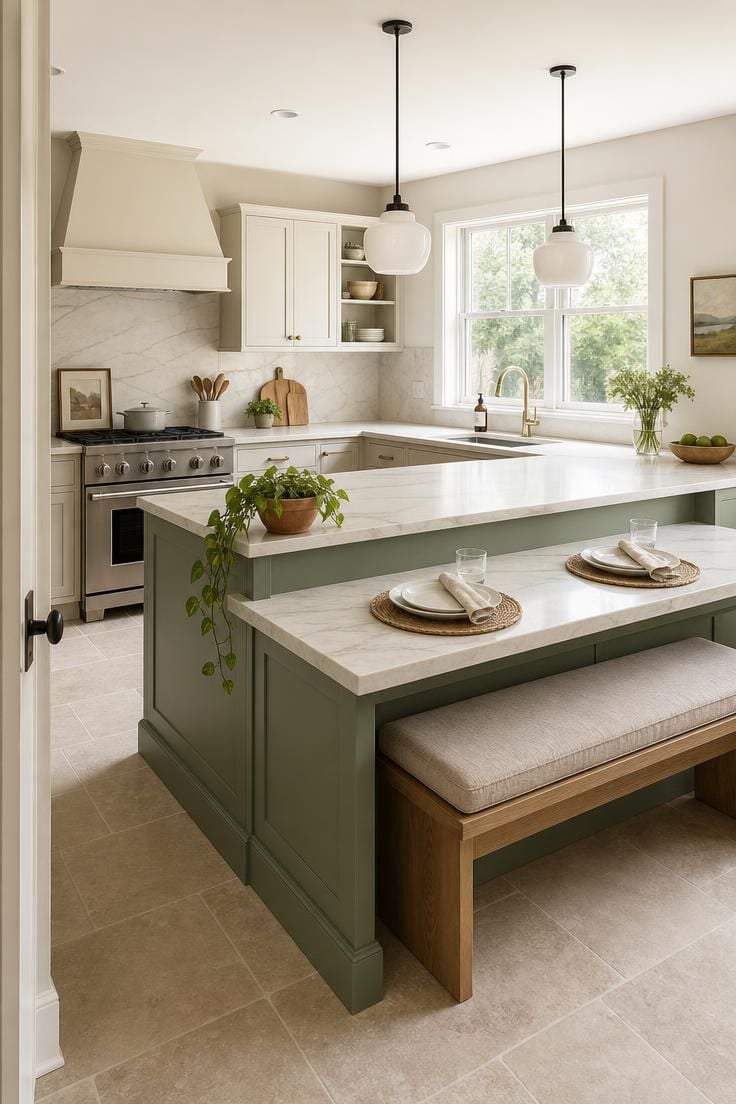 An L-shaped quartzite kitchen island with built-in oak bench seating along the short side, lit by bright midday light.