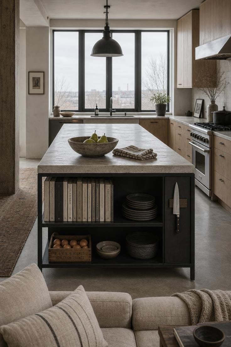 A concrete-top kitchen island with open matte black steel shelving in an open concept kitchen, seen at eye-level under cool overcast light.