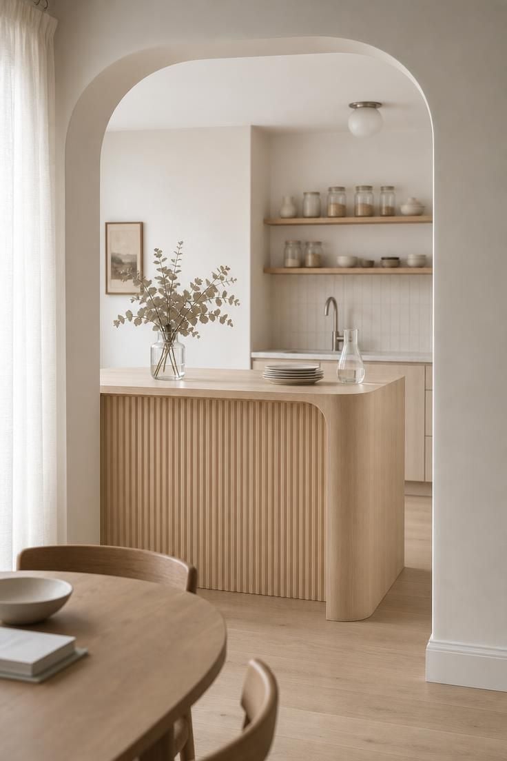A curved maple kitchen island with waterfall edge detail facing a dining room archway, bathed in soft diffused light.