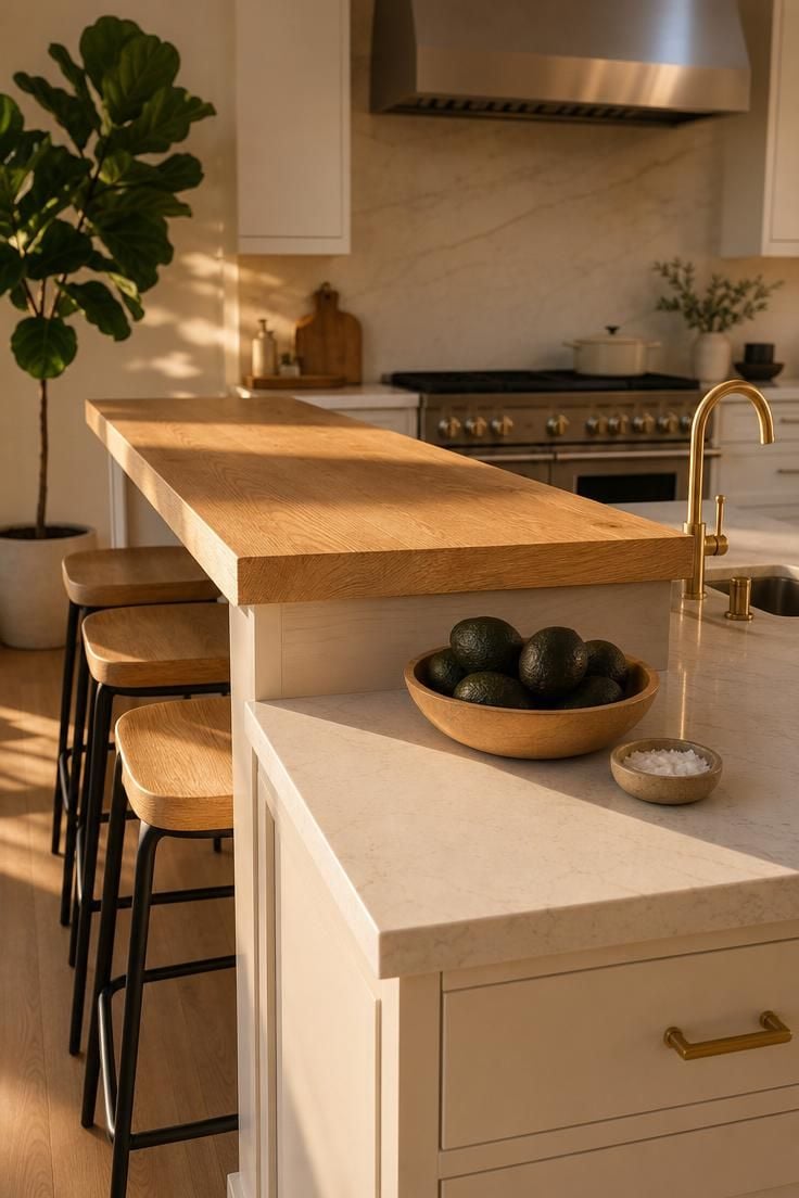 A double-tier kitchen island with white quartz prep level and raised oak bar, lit by warm golden light highlighting the wood grain.