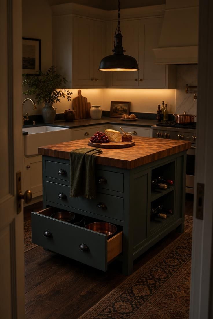 A compact blue-green kitchen island with butcher block top in a U-shaped kitchen, lit by moody low light from under-cabinet LEDs and a dark iron pendant.