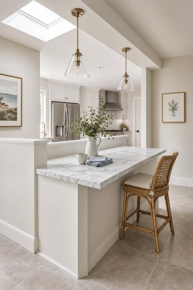 A peninsula island with honed Carrara marble countertop connecting to a half wall, illuminated by bright midday light from a skylight above.